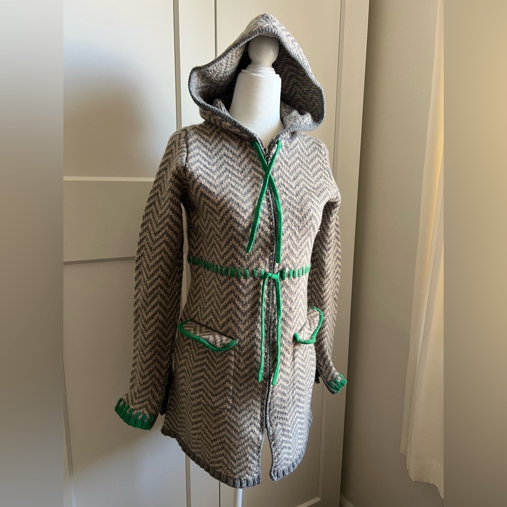 Sparrow Gray and Green Wool Blend Hooded Coat - S
